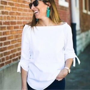 J MCLAUGHLIN Top Natasha Off The Shoulder Tie Sleeve Shirt White Sz S